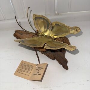Vtg Brutalist Butterfly Sculpture Petrified Wood TorchCut MCM Brass Copper Steel